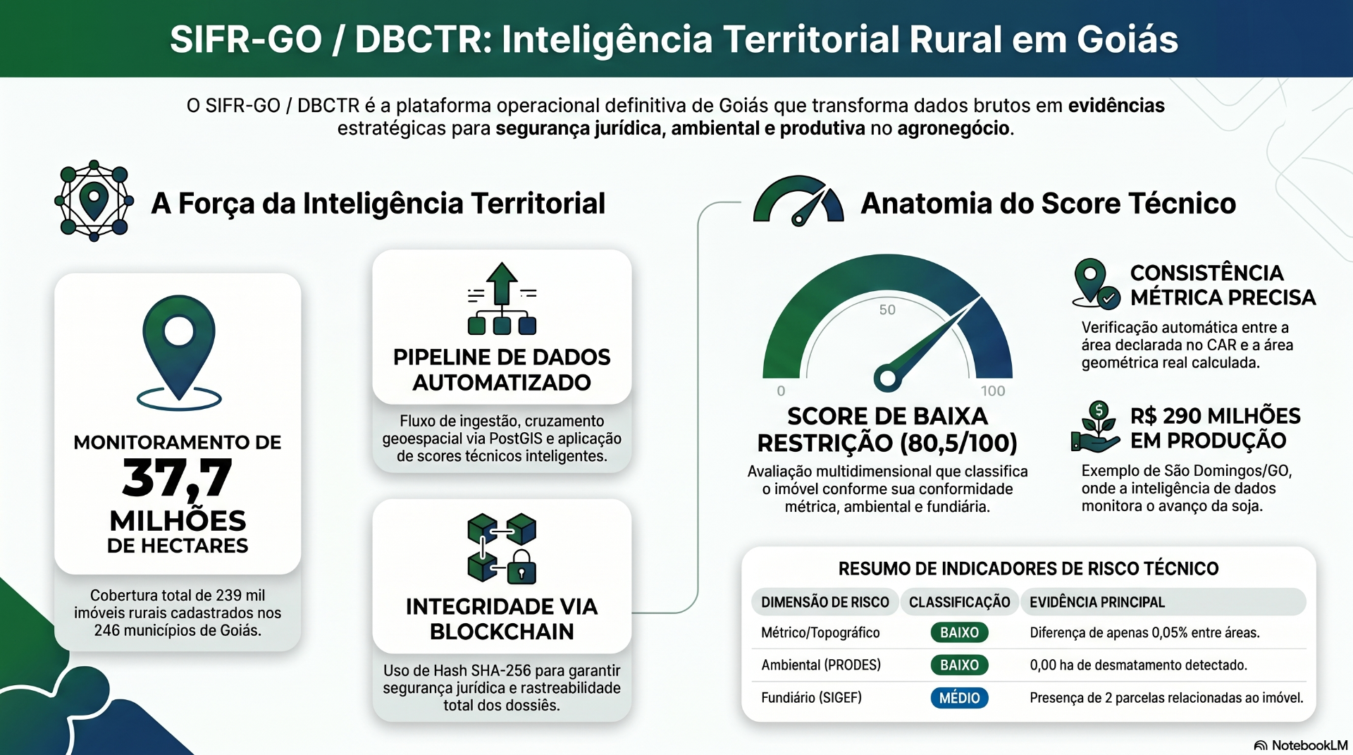 SIFR-GO / DBCTR: Inteligência Territorial Rural em Goiás — 37,7 milhões de hectares monitorados, pipeline automatizado via PostGIS, integridade via blockchain SHA-256 e score técnico multidimensional com consistência métrica, ambiental (PRODES) e fundiária (SIGEF)